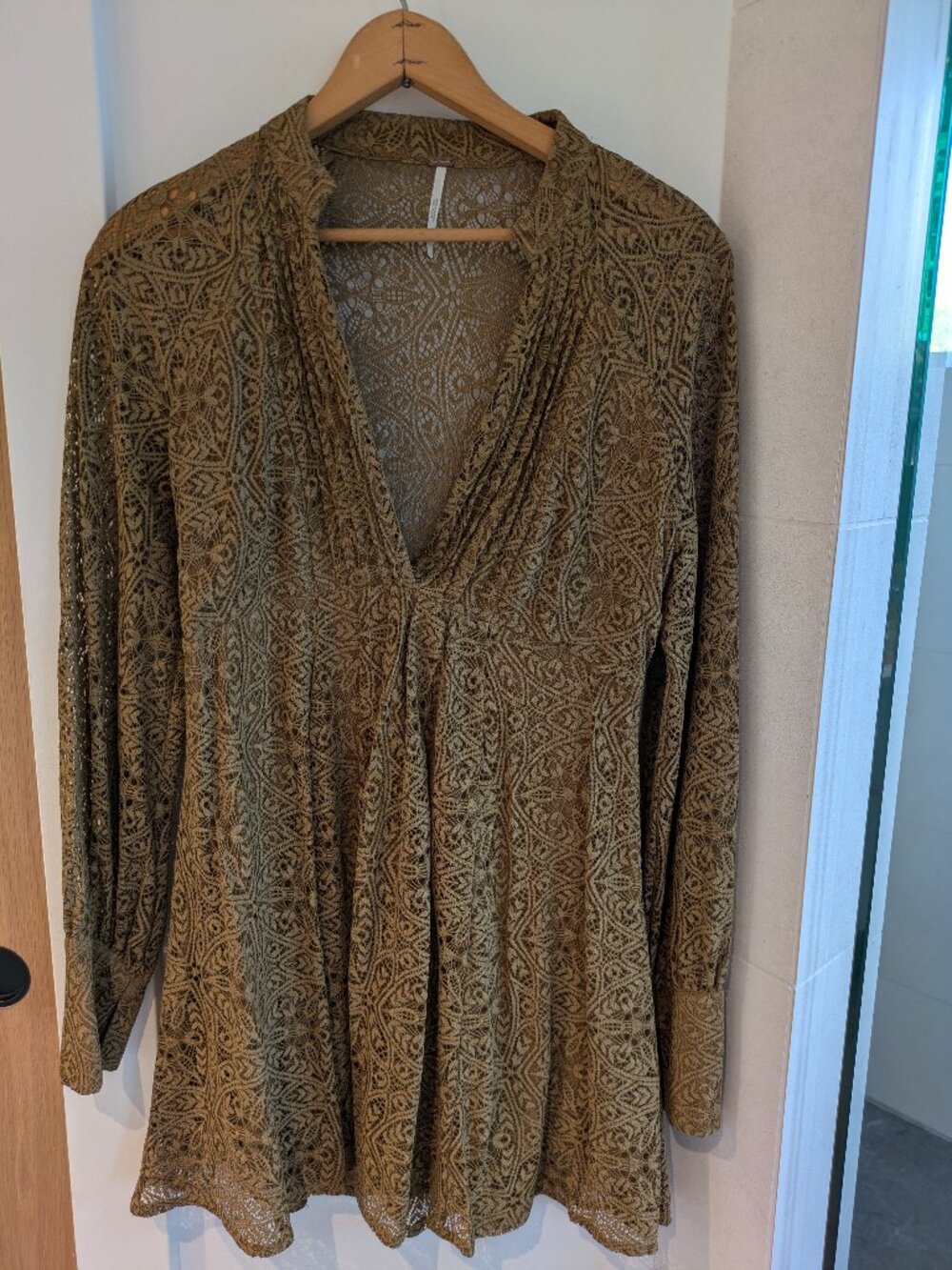 Free People Uptown Lace Mini Dress Brown Bronze Olive Boho Size 6.